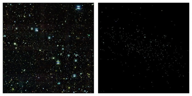 Side-by-side images from the Dark Energy Survey indicate the difficulty of identifying a dwarf galaxy. The right image shows approximately 300 stars thought to belong to a newly discovered dwarf satellite galaxy of the Milky Way. These stars are farther away than foreground stars within the Milky Way, but much closer than background galaxies, both of which appear in the left image but are blacked out in the right image. Credit: Fermilab/Dark Energy Survey