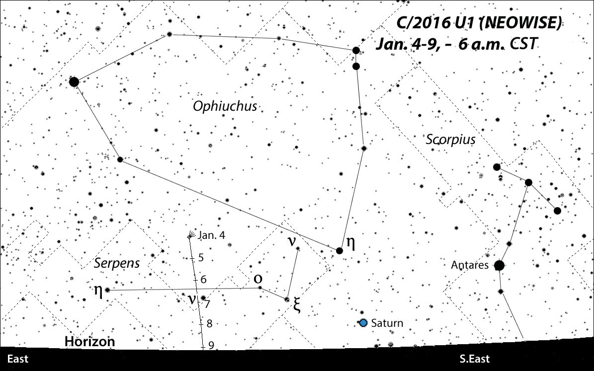 C/2016 U1 drops south rapidly in the coming days and soon disappears from view. You'll need a good eastern horizon to spot the comet as it crosses from Ophiuchus into Serpens. Positions plotted daily with stars to magnitude +8. This map and the other 