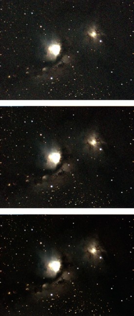 Combining multiple exposures together reduces the grainy appearance while increasing the signal of faint targets. The examples above show the result of a single exposure (top) compared to a stack of three subexposures (middle), while the result of combining nine images (bottom) is even smoother.