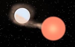 Artist conception of the eclipsing binary Algol. Gas is funneled from the companion to the smaller but more massive star. Bob King