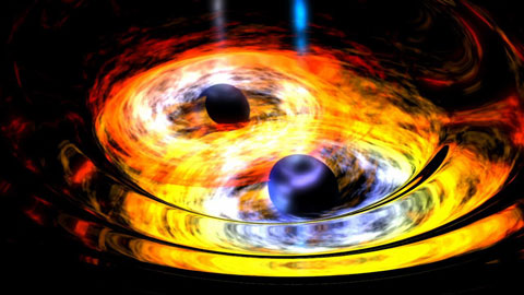 An artist's concept shows two merging black holes. NASA