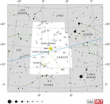 This star map will reveal 55 Cancri. International Astronomical Union / Sky & Telescope Magazine