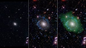 In optical light (left), UGC 1382 appears to be a simple elliptical galaxy. But when astronomers used ultraviolet and deep optical data (middle), spiral arms emerged. When it was combined with a view of low-density hydrogen gas (seen in green at right), scientists discovered UGC 1382 is bigger than expected. NASA / JPL / Caltech / SDSS / NRAO / L. Hagen and M. Seibert 
