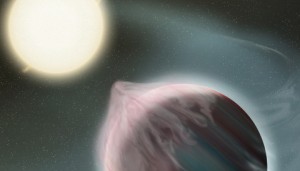 An artist's depiction of an early stage in the destruction of a hot Jupiter by its star.  NASA/GSFC/Frank Reddy 