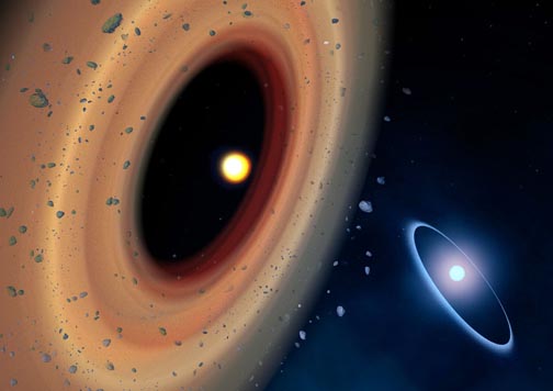 Artist’s impression of the Fomalhaut system. The newly discovered comet belt around Fomalhaut C is shown to the left. The comet belt around Fomalhaut A is in the distance to the right. The belt around Fomalhaut A is offset slightly, a signature of the elliptical orbits in the belt, which may have been caused by past interactions with the star Fomalhaut C. Credit: Amanda Smith