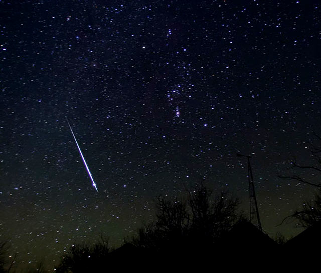 Geminid meteor crosses Orion. Expect similar sights for meteor showers in 2017.