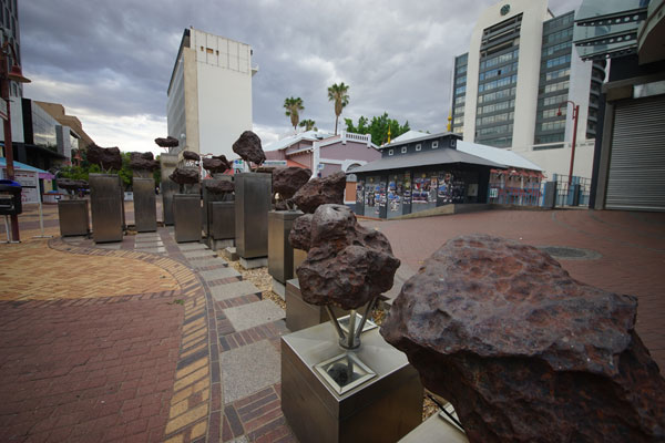 Some thirty large fragments of the Gibeon meteorite fall are on display in downtown Windhoek, Namibia.