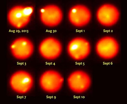 Near-infrared views of Io, recorded with adaptive optics at the Gemini North telescope, track the evolution of a very powerful volcanic eruption that began August 29, 2013. Due to Io’s rapid rotation, each night shows a different area of the surface. The outburst waned in brightness on August 30th and September 1st, 3rd, and 10th.Katherine de Kleer / UC Berkeley / Gemini Observatory / AURA