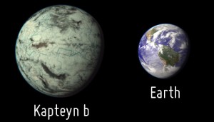 Artistic representation of the potentially habitable exoplanet Kapteyn b as compared with Earth. Kapteyn b is represented here as an old and cold ocean planet with a network of channels of flowing water under a thin cloud cover. Planetary Habitability Laboratory