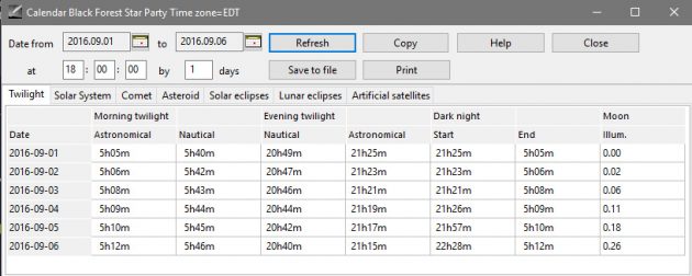 The calendar in the freeware planetarium program Cartes du Ciel provides helpful information such as the “Dark Night” period that is best for deep-sky astrophotography after the end of evening astronomical twilight and before the start of morning astronomical twilight when the Moon is not in the sky.
