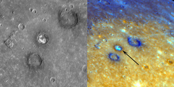 Images of Sander, a 47-km-diameter crater, obtained by Messenger during its first flyby.