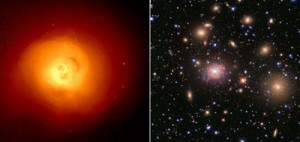 These views compare Perseus Cluster as seen in the X-rays (where the view is of mostly of hot gas) to the visible light from the stars in individual galaxies. Fabian & others, MNRAS, December 2011 