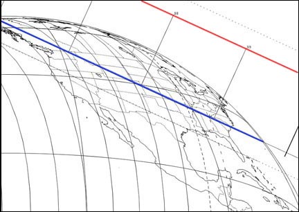 Map showing the path of the edge of Rhea's shadow as it sweeps across  the U.S. and parts of Canada during the occultation. Only the eastern third of the country, where it will be late twilight, will witness the event. "39" and "38" refer to the time - 8:38, 8:39 EDT - and vary slightly according to location. Click for full map. Map courtesy Steve Preston