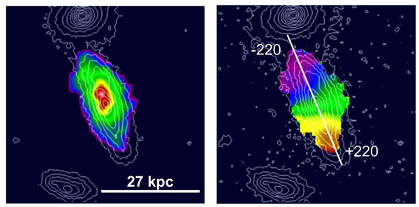 One of the six galaxies that Genzel and colleagues studied. The left frame shows a false-color representation of the galaxy's hydrogen. The right frame shows the shift of the hydrogen alpha line, which the team used to determine the galaxy's rotation. MPE