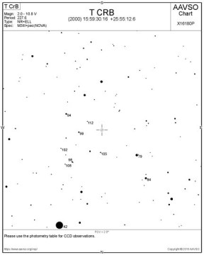 Use this finder chart to close in on T CrB. The "42 star" is Epsilon CrB. South is up. Click for a large version. AAVSO