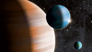 This artist’s conception shows a terrestrial exoplanet, a gas giant and a mid-sized gas dwarf. Image credit: J. Jauch.