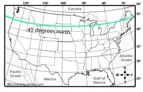 U.S. map showing the 45 degree latitude lower limit for typical noctilucent cloud sightings. Take it with a grain of salt - clouds have been seen farther south. 