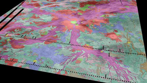 Miles of rift zones (purple) spread out of Venus’s volcano, Ozza Mons (red, center). Data from the Venus Express spacecraft suggests there are active lava flows in hotspots along the rifts. Credit: Ivanov / Head / Dickson / Brown University.