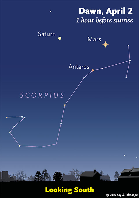 Mars, Saturn, and Antares at dawn, early April 2016