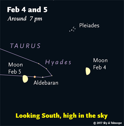 Moon near Pleiades and Aldebaran, Feb. 4-5, 2017