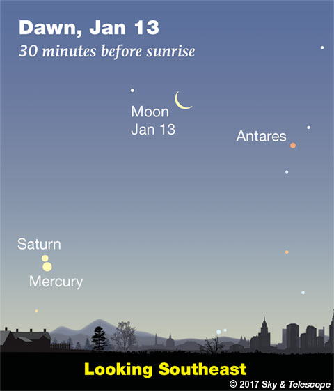 Moon, Antares, Saturn, Mercury in the dawn, Jan. 13, 2018