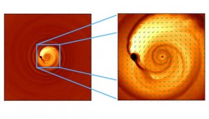 gas spiraling toward binary black hole