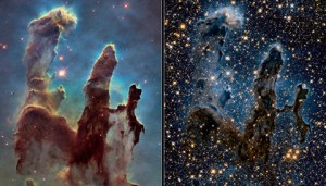 eagle nebula in visible and infrared