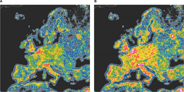 The image on the left shows the artificial sky brightness of Europe. On the right is what Europe would look like after a transition to LED technology, without increasing the amount of light of currently installed lamps. Falchi et al. 