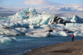 Icebergs calved off a distant glacier dwarf a visitor at the Jökulsarlon lagoon.