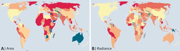 Changes in lit area and radiance, world-wide