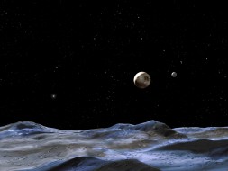 Artist's conception of Plutos, as viewed one of the moons. Pluto is the large disk at center, and Charon is the smaller disk to the right.NASA, ESA and G. Bacon (STScI)