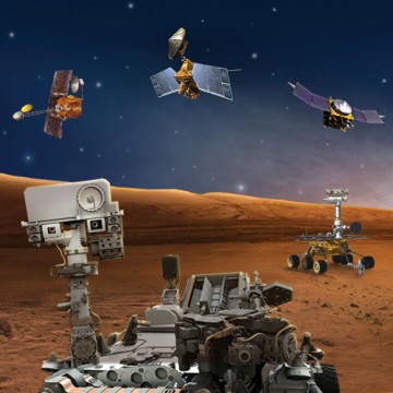 Artist's rendering of NASA's five robotic Mars explorers NASA