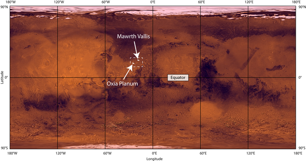 Mars map with equatorial landing site outlined with yellow dashed line