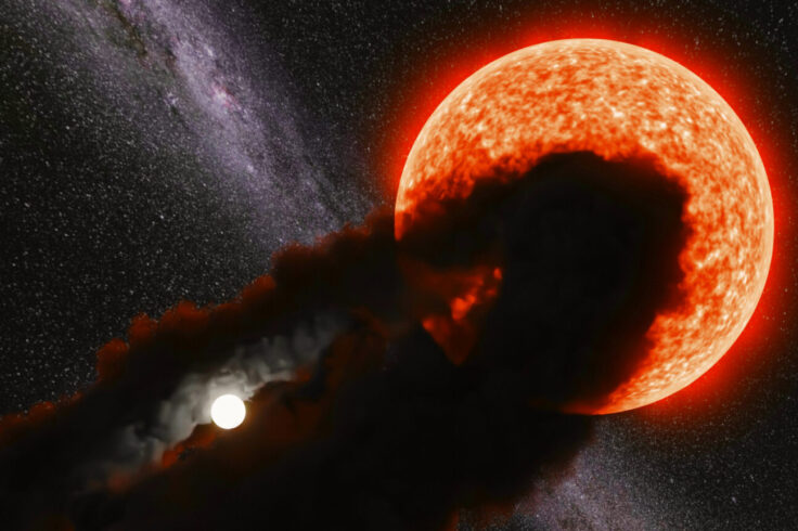 Dark dusty disk surrounds companion star, passing in front of a more distant red giant star (art)
