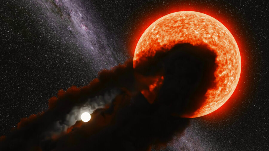 Dark dusty disk surrounds companion star, passing in front of a more distant red giant star (art)