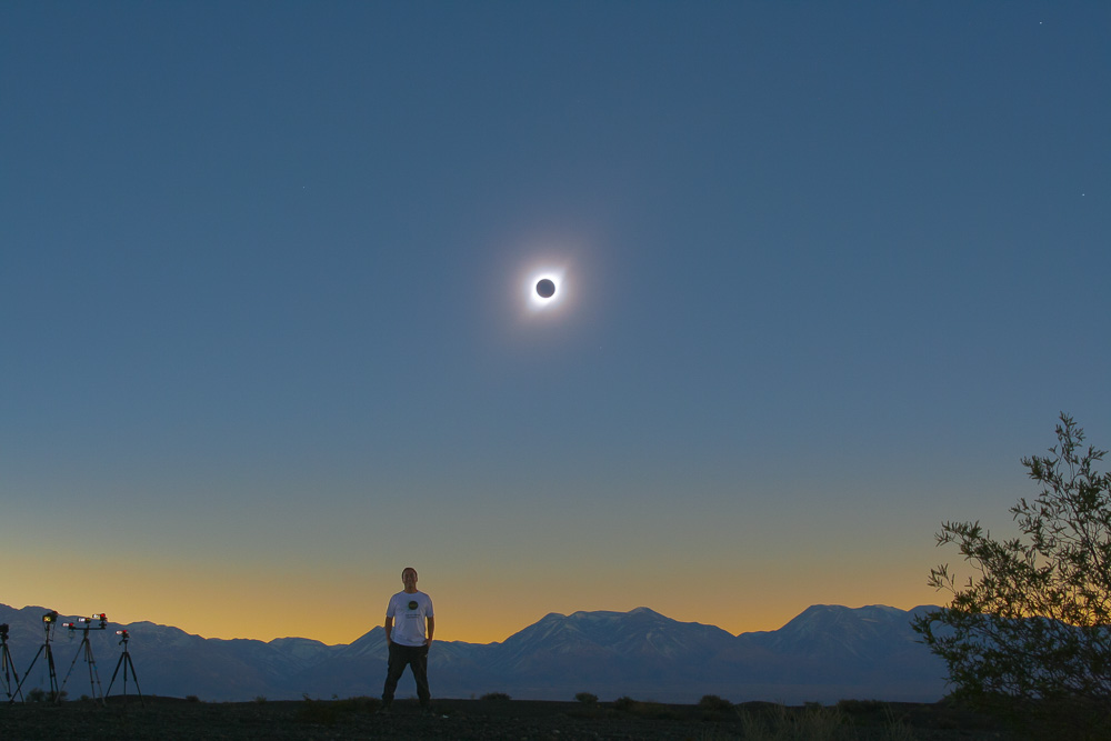 Selfie with the total solar eclipse, next to the Andes mountains Sky