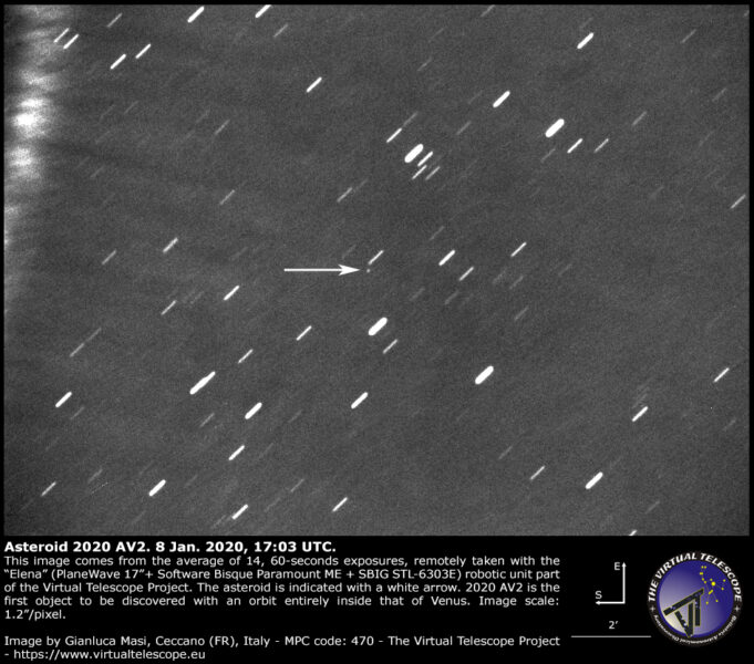 Virtual Telescope image shows asteroid (central dot) amidst stars streaked by Earth's motions