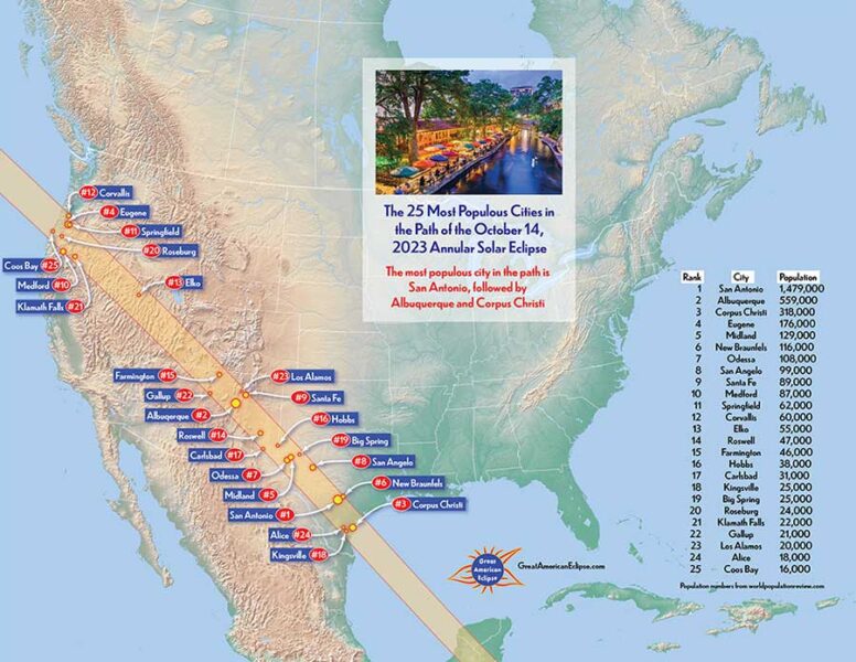 2023 eclipse map showing most populous cities along the path