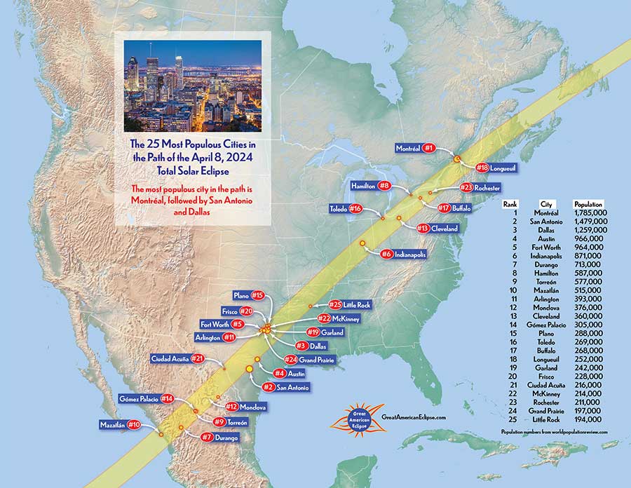 2024 eclipse map showing most popularous cities