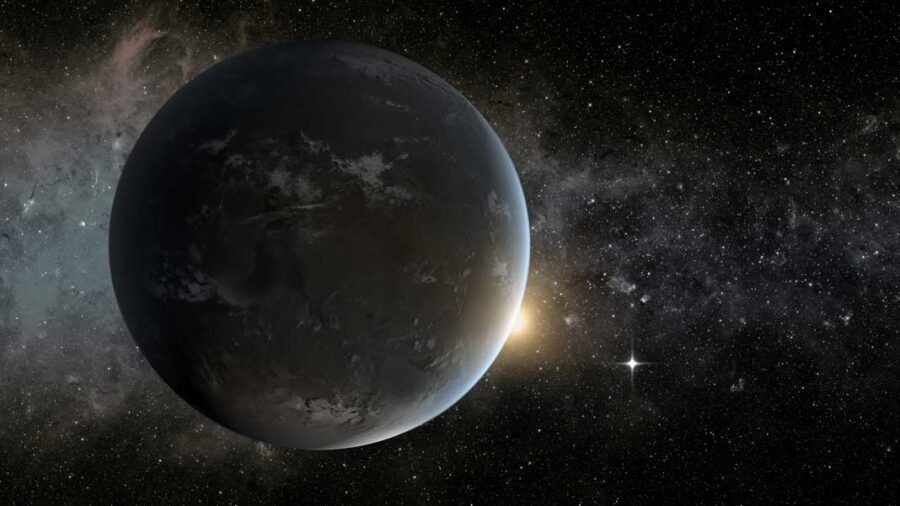 a large planet in the foreground with a bit of light coming out from behind on the side on a dark background