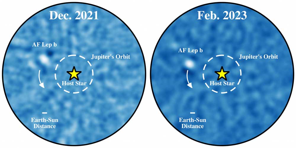 Directly imaged planet appears as white blob that moves across two images