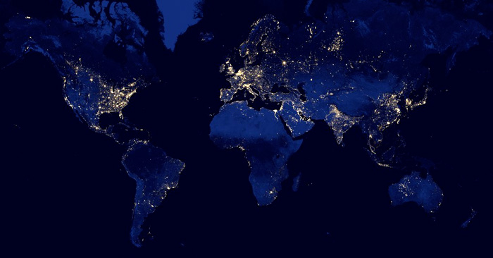 Artificial light at night on world map