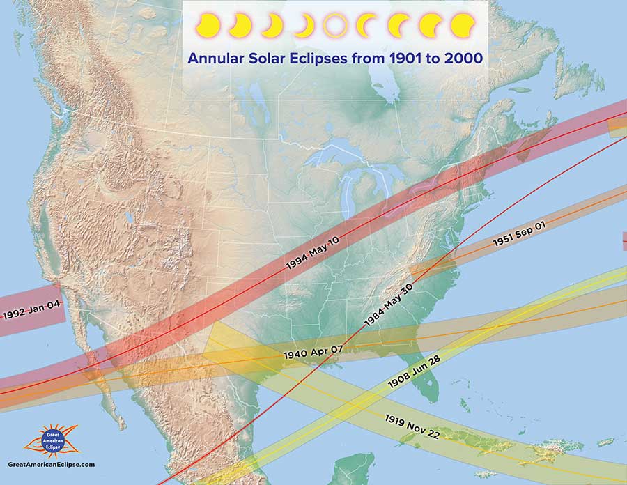 North America map showing annular eclipse paths between 1901 and 2000