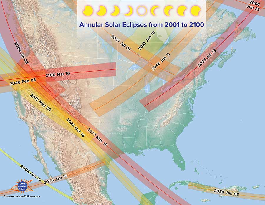 North America map showing annular eclipse paths between 2001 and 2100