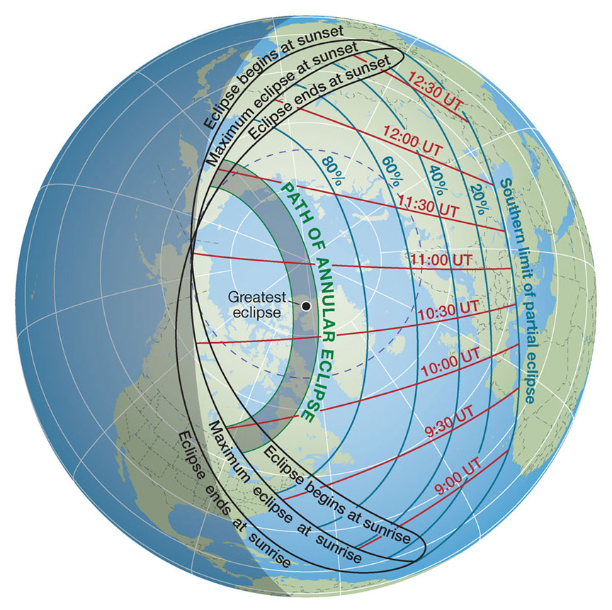 Annular solar eclipse path on June 10, 2021