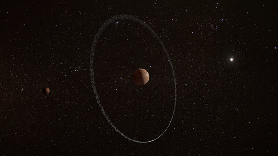 An artist illustration of the Quaoar system in front of a background of white stars. Central in the figure sits a brownish planet. This is Quaoar, a dwarf planet in the outer Solar System. At a distance of about five times its radius sits a ring. This ring is made up out of small grey pieces of debris. At twice the distance of the ring, to the left of Quaoar, sits its moon Weywot. Weywot looks about a sixth the size of Quaoar but has the same brownish colour. To the right of this system, we see a bright star. This star is bigger than the background stars and represents the distant Sun
