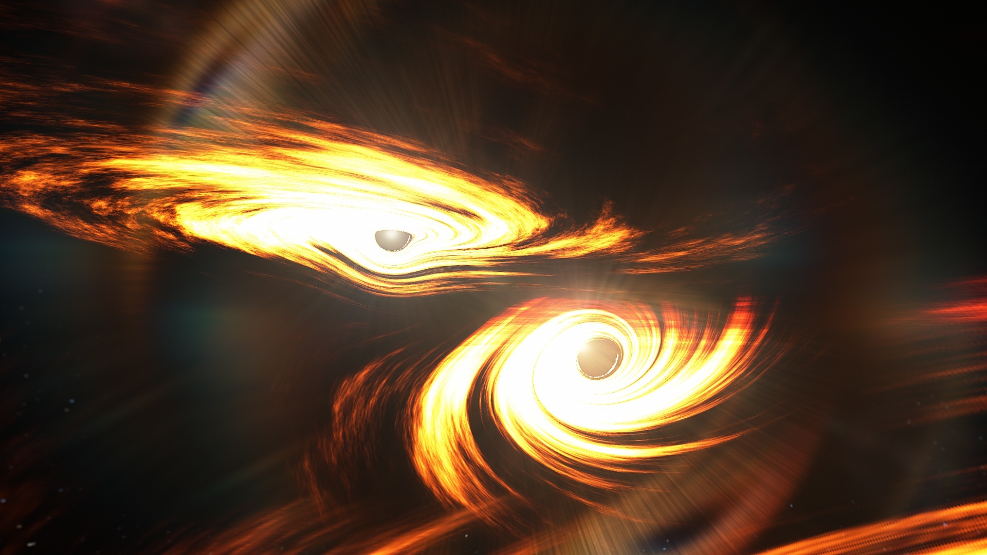 An artist’s impression of the collision of two black holes
