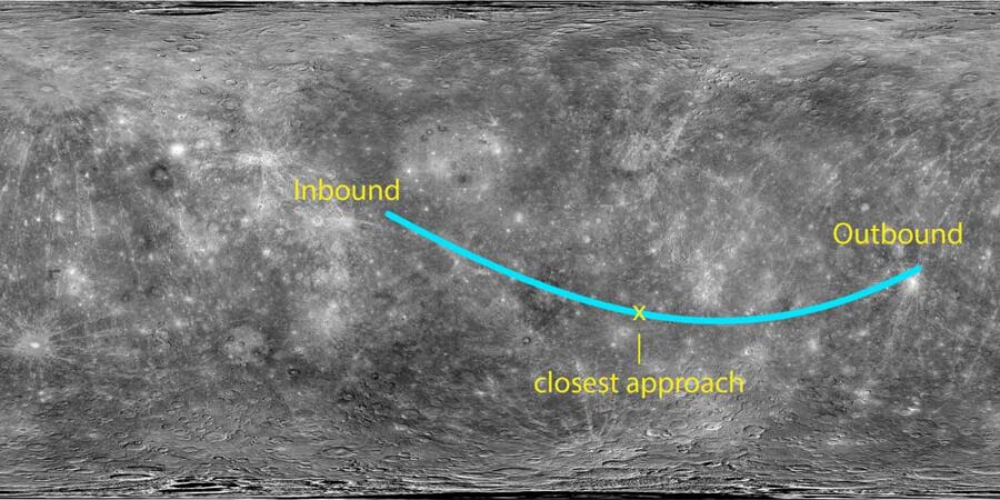 image of grey mercury surface with locations noted and a line showing the track of the flyby