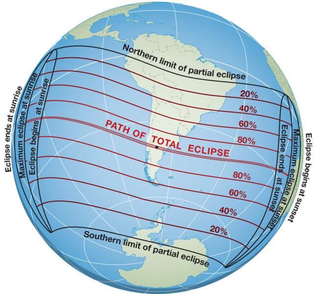 This globe shows the path of the solar eclipse on December 14, 2020. 