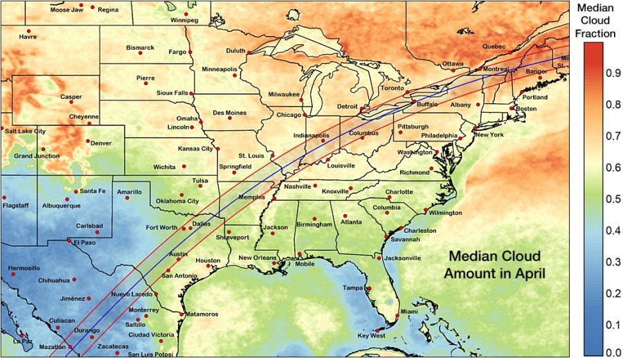 Cloud map for April along 2024 eclipse track